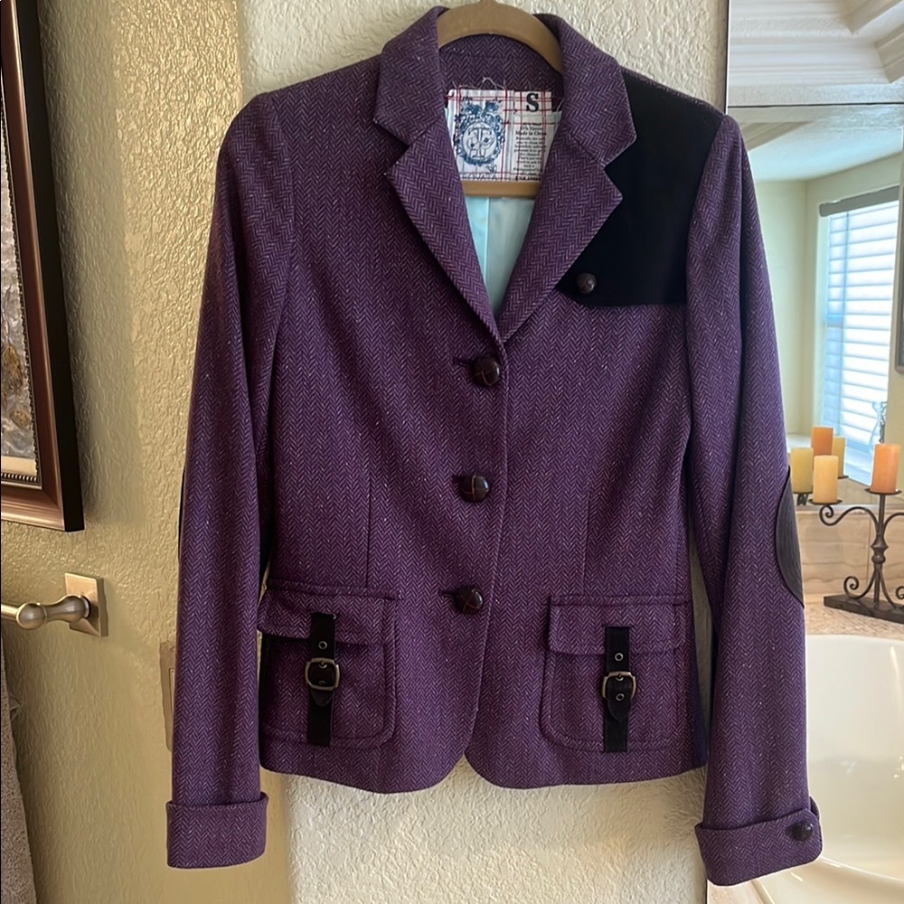 Purple Blazer with Brown Accents and Notched Lapels